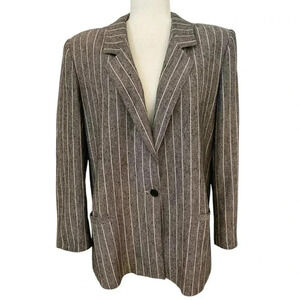 Saville Woman’s Pinstriped Brown Vintage Silk Blend Blazer Size 14 Shoulder Pads